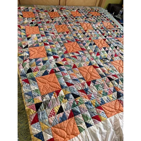 Vintage Handmade Patchwork Quilt 80x62 Multicolor Scrap Quilt Yellow Back - Picture 6 of 16